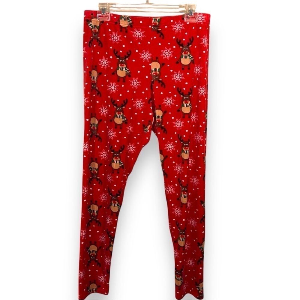 XL JUNIORS RED REINDEER FLEECE PANTS PULL ON COMFORTABLE SOFT STRETCH HOLIDAY